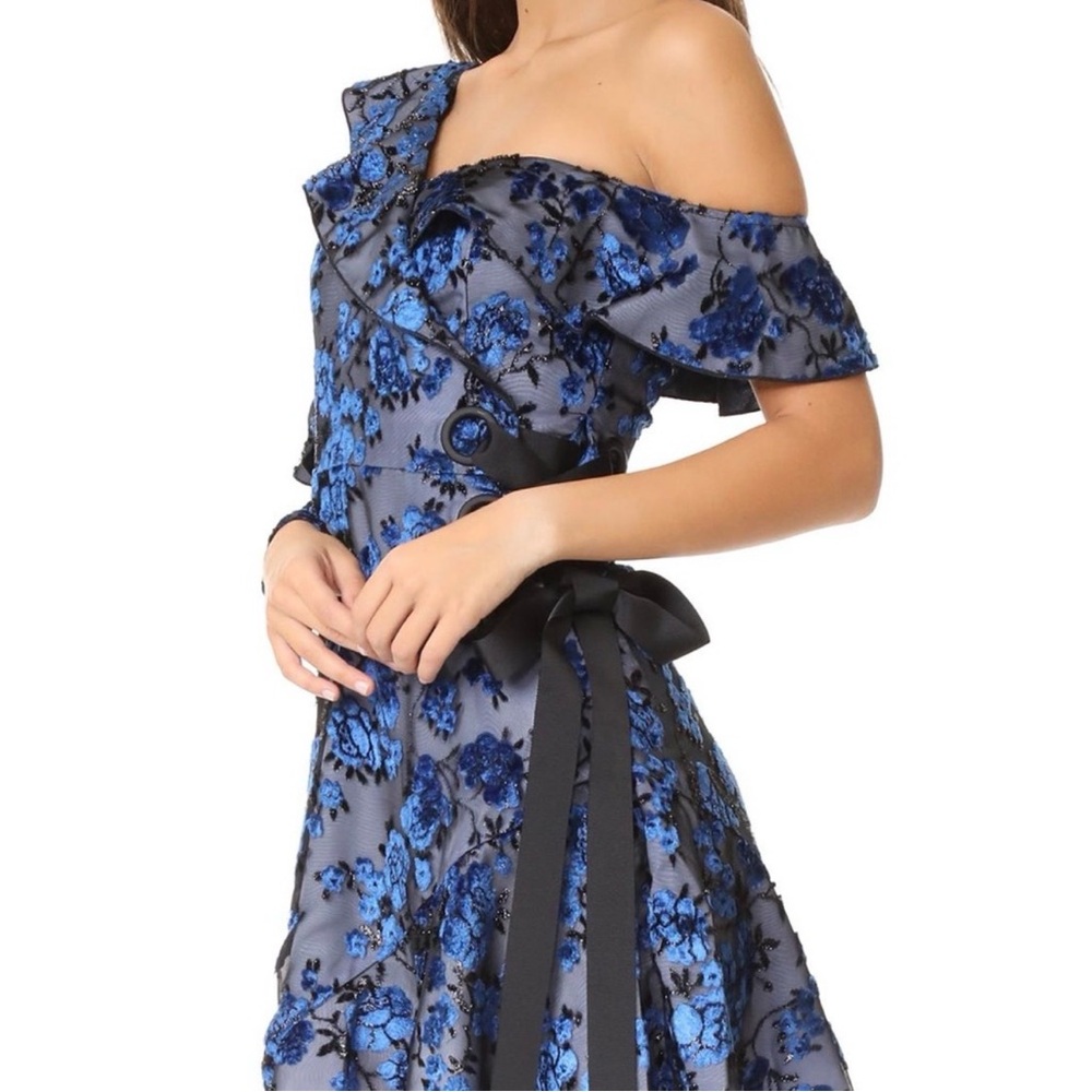 Self-Portrait One Shoulder Velvet Devoré Mini Dress Blue NWT Size 0 - Picture 5 of 17